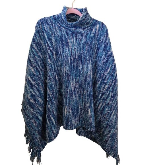 Cerulean By Blue Diamond NWT Blue Space Dye Knit Turtleneck Poncho One Size - Picture 1 of 7